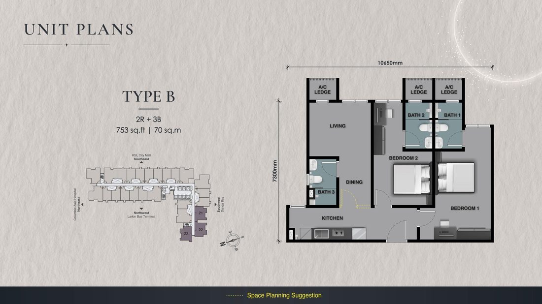 Type B floor plan, 2 rooms 3 baths, 753 sqft